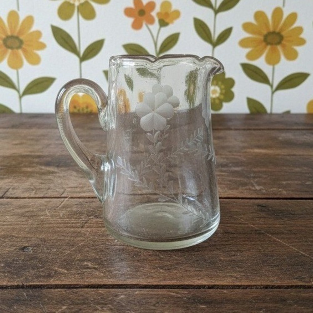 Floral Etched Clear Glass Pitcher, Vintage Beverage Serve, Replacement Barware